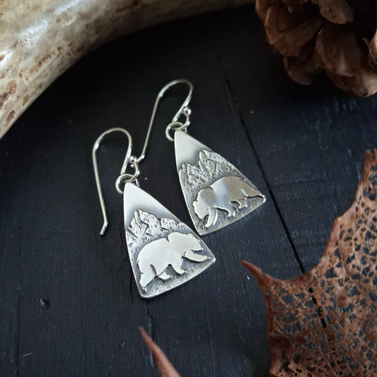 Wandering Bear & Mountain Sterling Silver Earrings