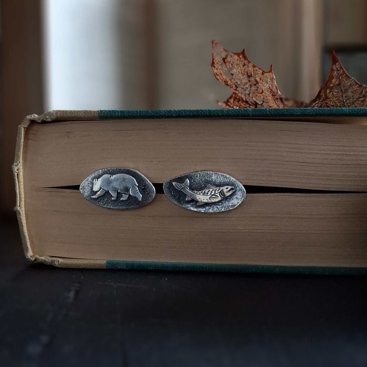 Trout and Bear Bookmarks | Reclaimed Silver and Leather