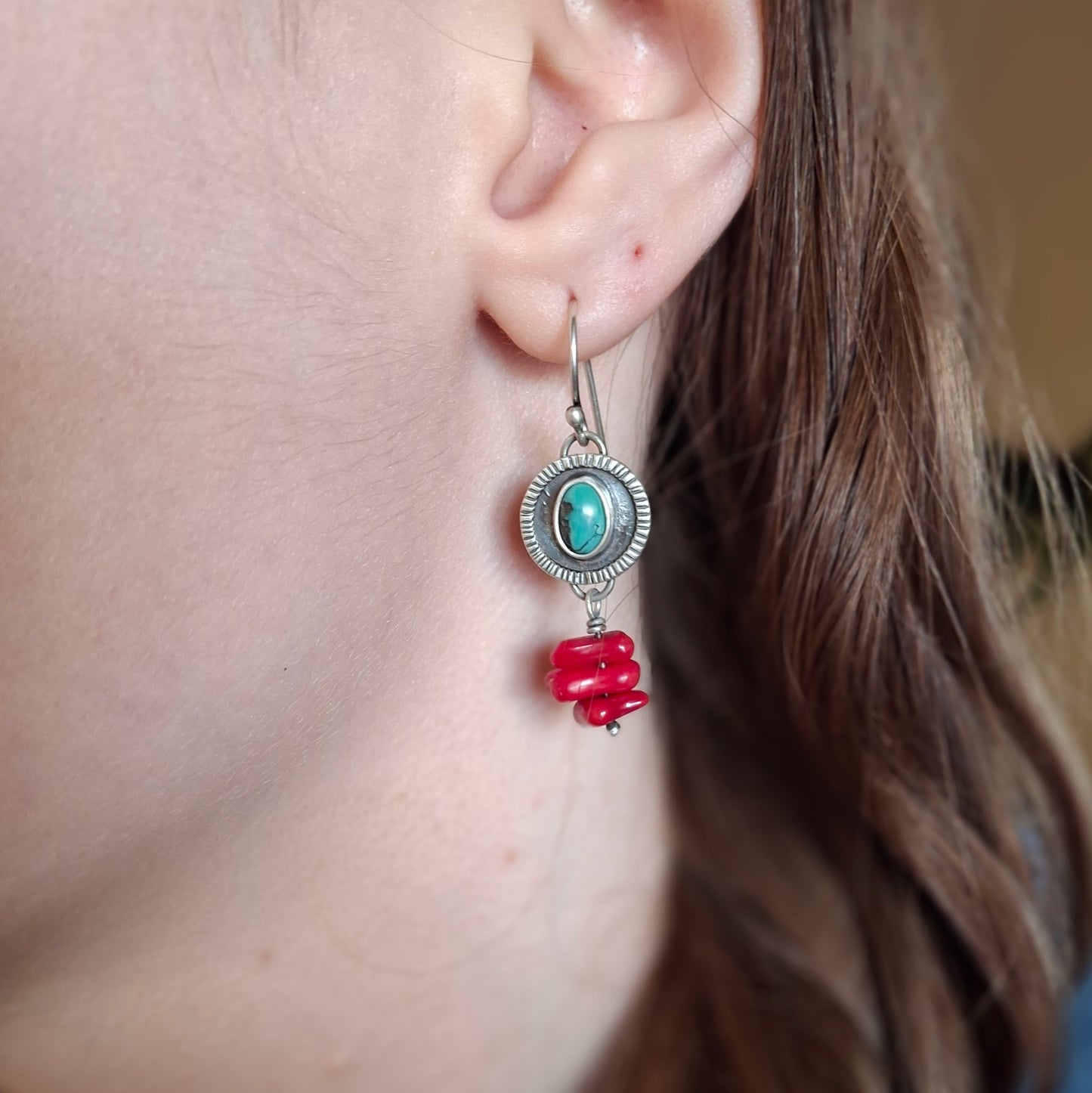 Hubei Turquoise and Coral Earrings | Sterling Silver