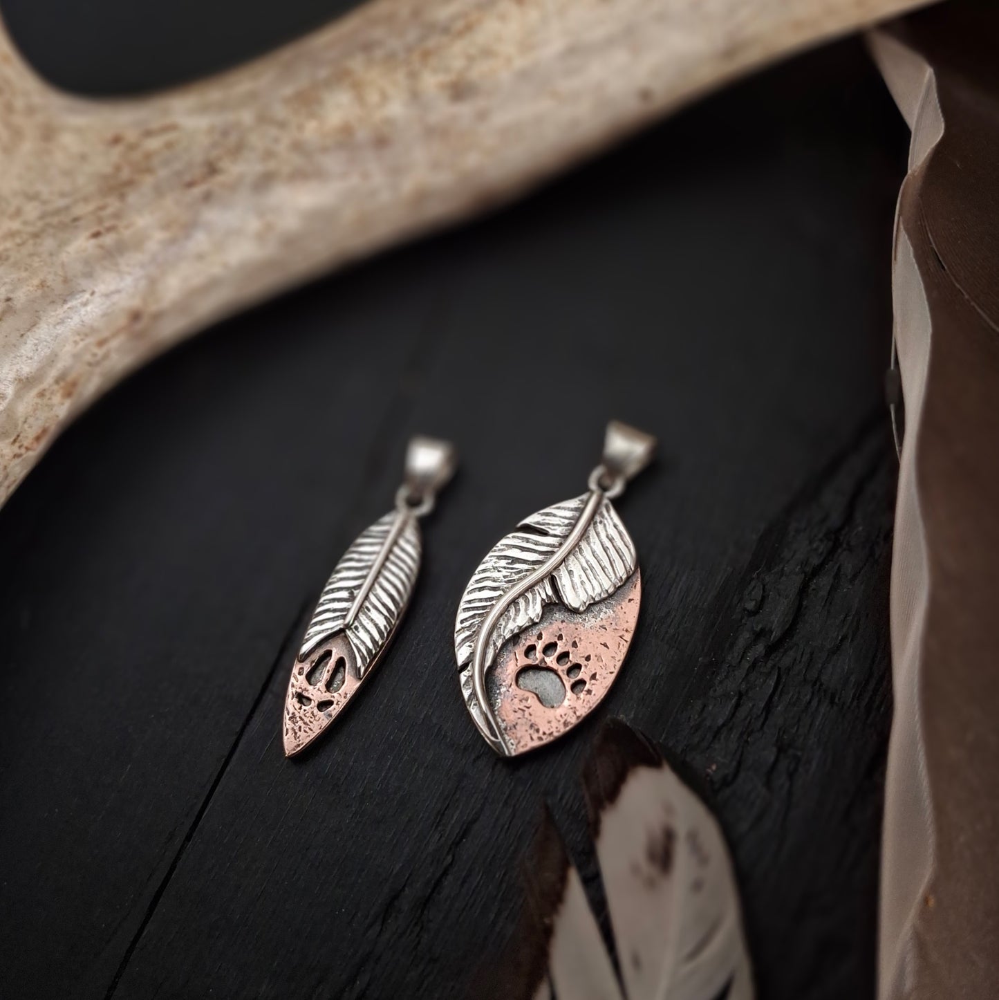 Bear Track Feather Pendant | Sterling Silver and Copper | Psalm 91:4 | Above and Below Collection