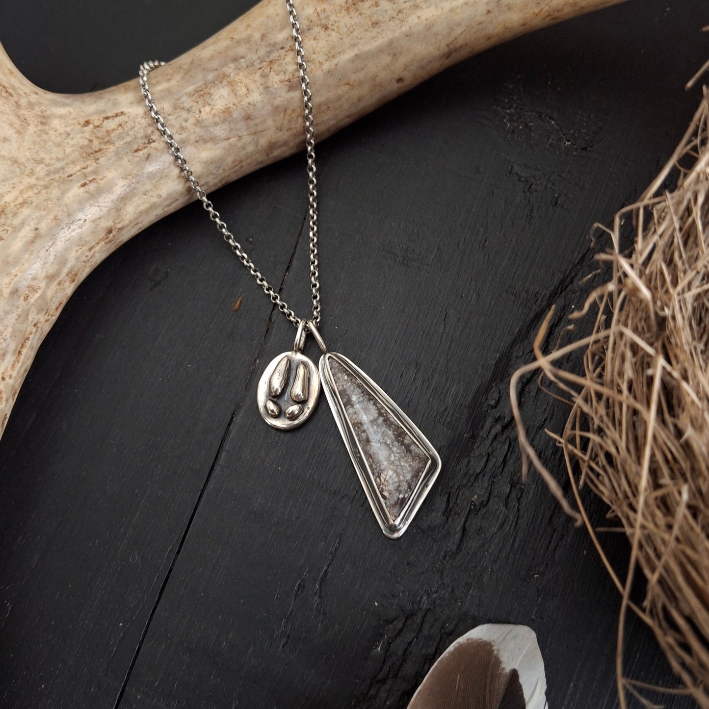 Deer Track and Fossil Stone Pendant | Sterling Silver | Above and Below Collection