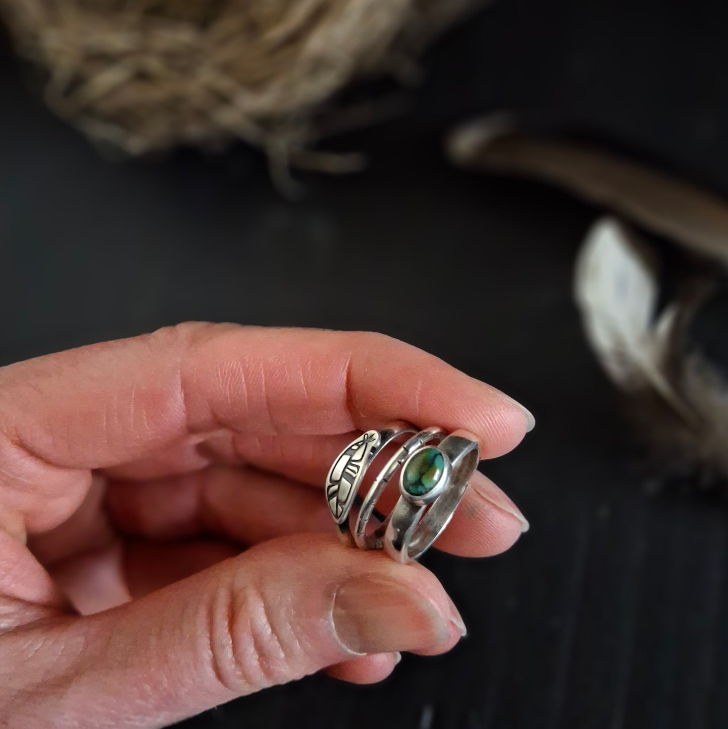 Turquoise and Feather Stacking Ring Set | Sterling Silver | Size 6
