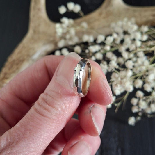Faceted Sterling Silver Cross Ring | Rustic Handmade Band | Made to Order