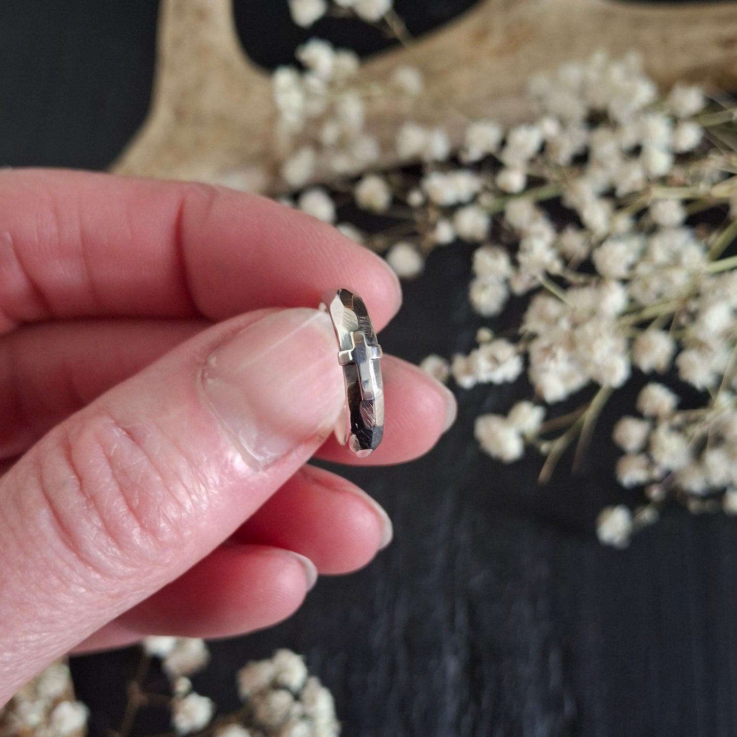 Faceted Sterling Silver Cross Ring | Rustic Handmade Band | Made to Order