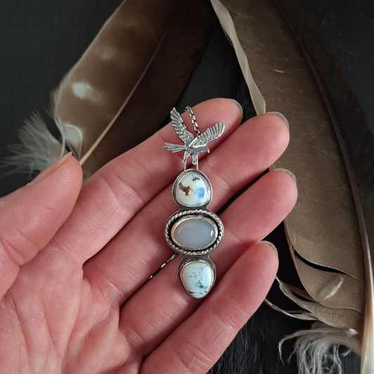 Bird of Prey Pendant | Golden Hill Turquoise & Chalcedony | Handmade Sterling Silver Necklace