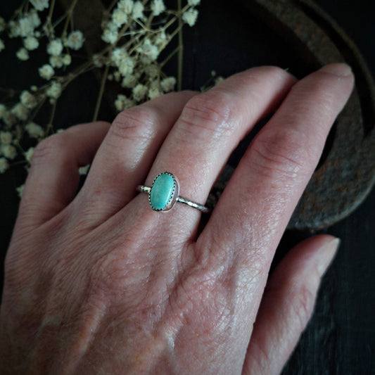 Turquoise Everyday Ring | Sterling Silver Tree Bark Band | Size 7 3/4
