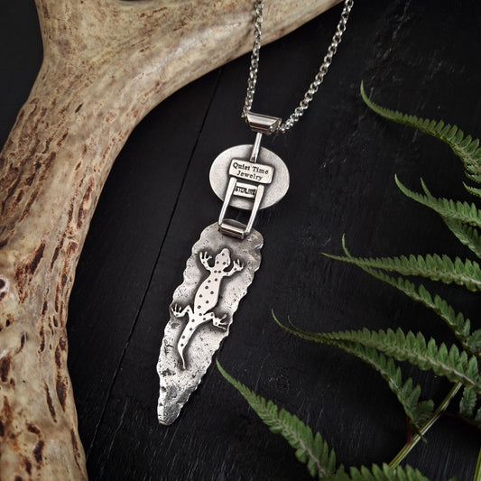 Prehnite Fern and Salamander Necklace | Reclaimed Sterling Silver | Nature Inspired Pendant