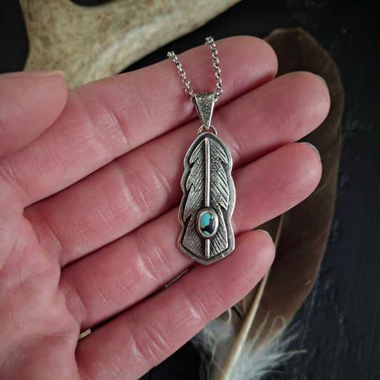Rustic Sterling Silver Feather Pendant with Turquoise | Layered Handmade Necklace