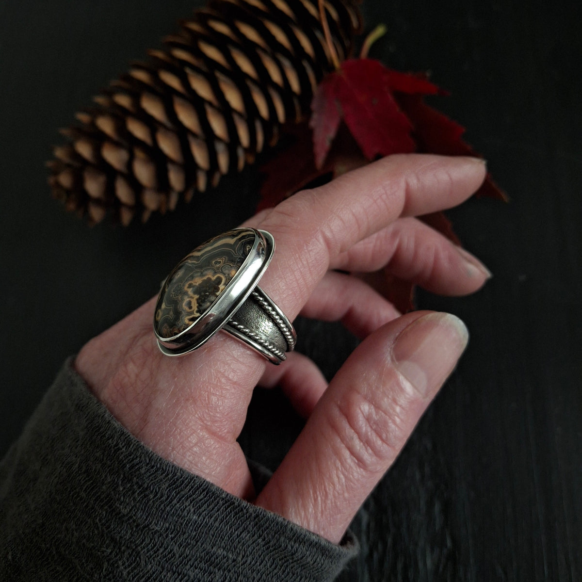 Flowering Tube Onyx Ring | Sterling Silver Statement Ring | Size 10 1/2