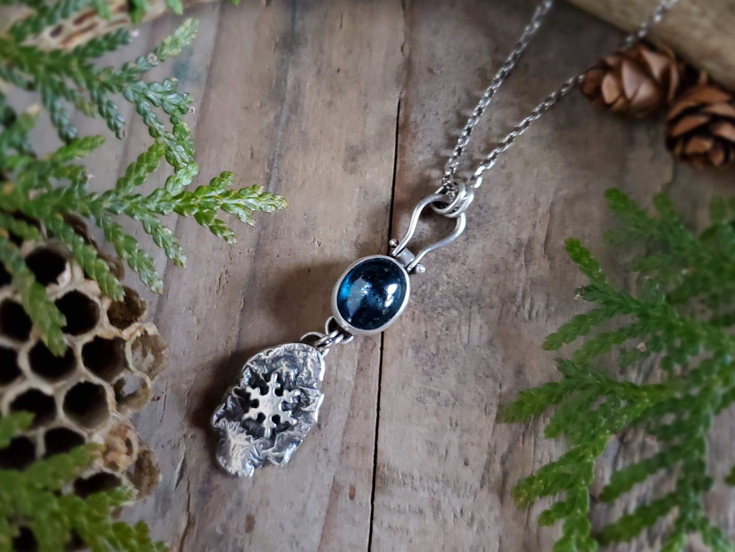 Moss Kyanite Necklace with Reticulated Silver and Snowflake