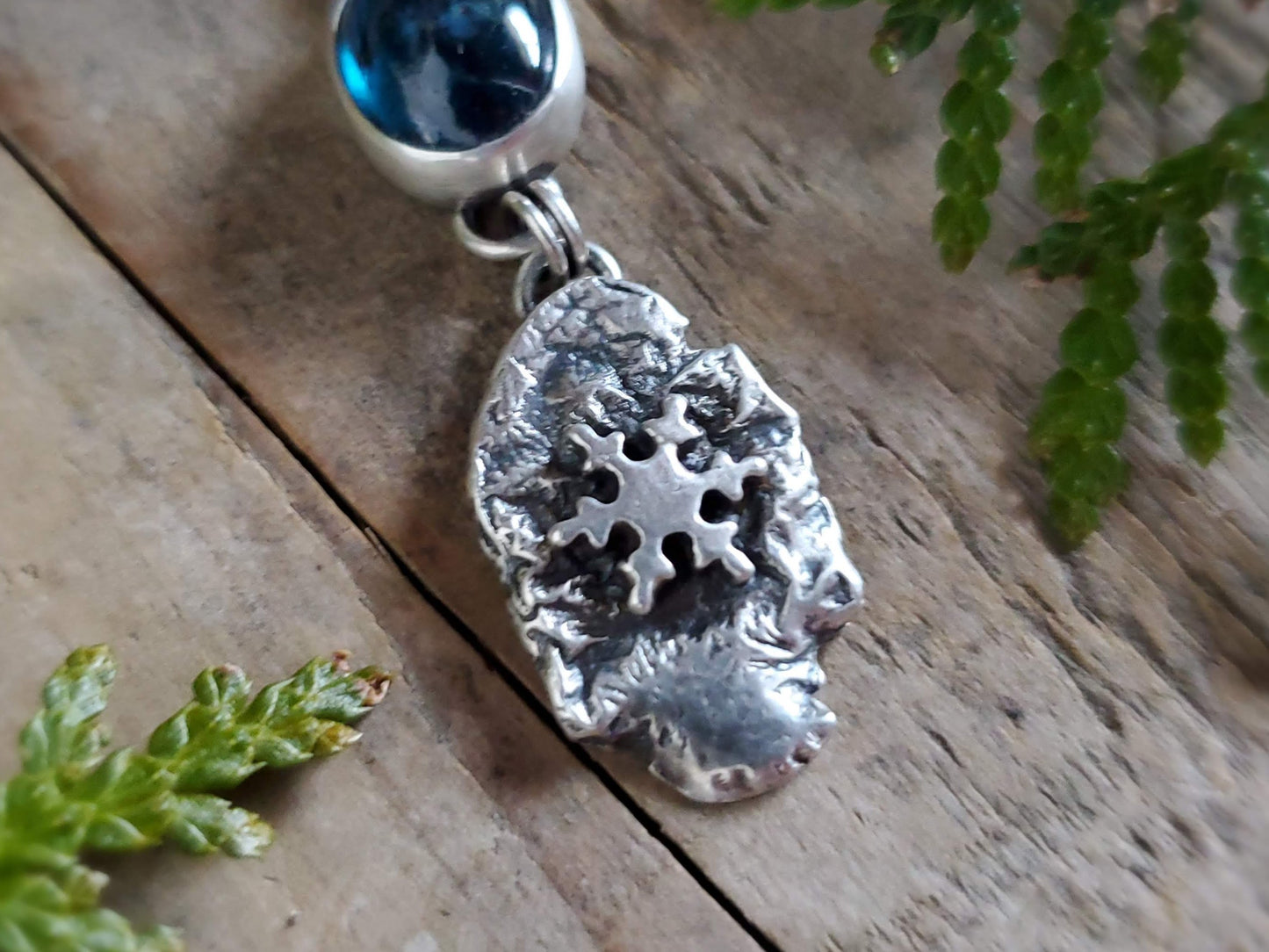 Moss Kyanite Necklace with Reticulated Silver and Snowflake
