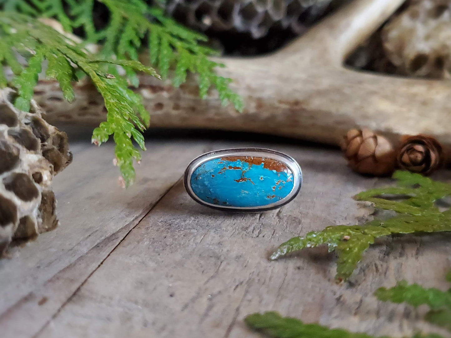 Kingman Turquoise Ring with Textured Band - Size 7.75