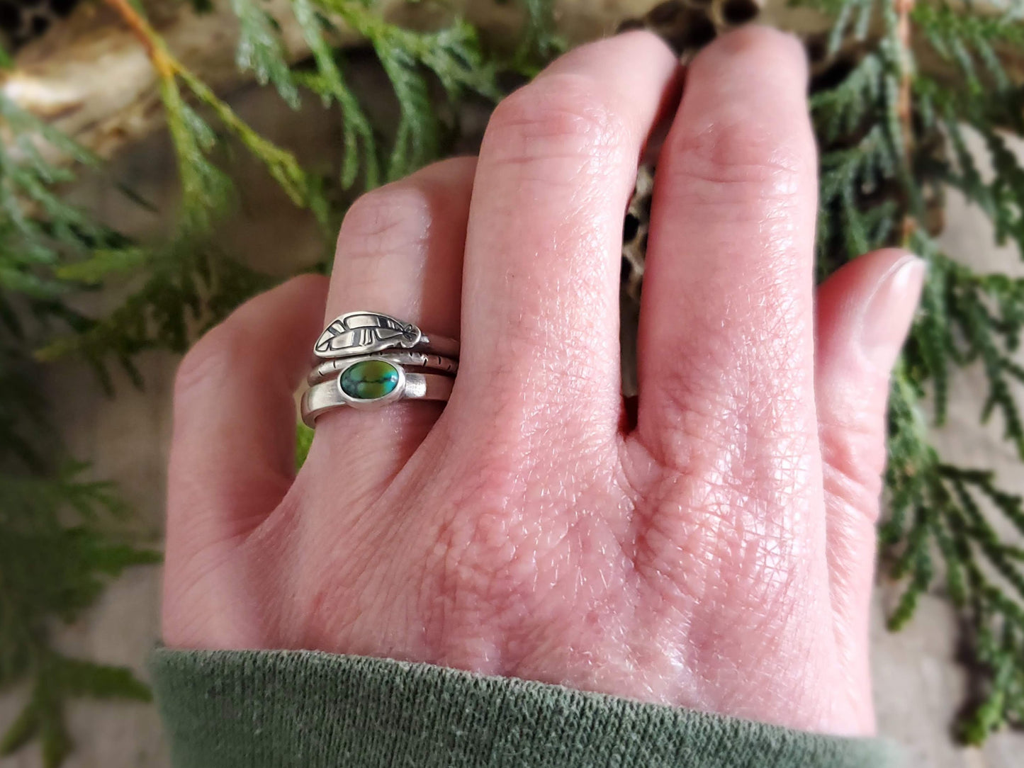 Turquoise and Feather Stacking Ring Set - Size 6