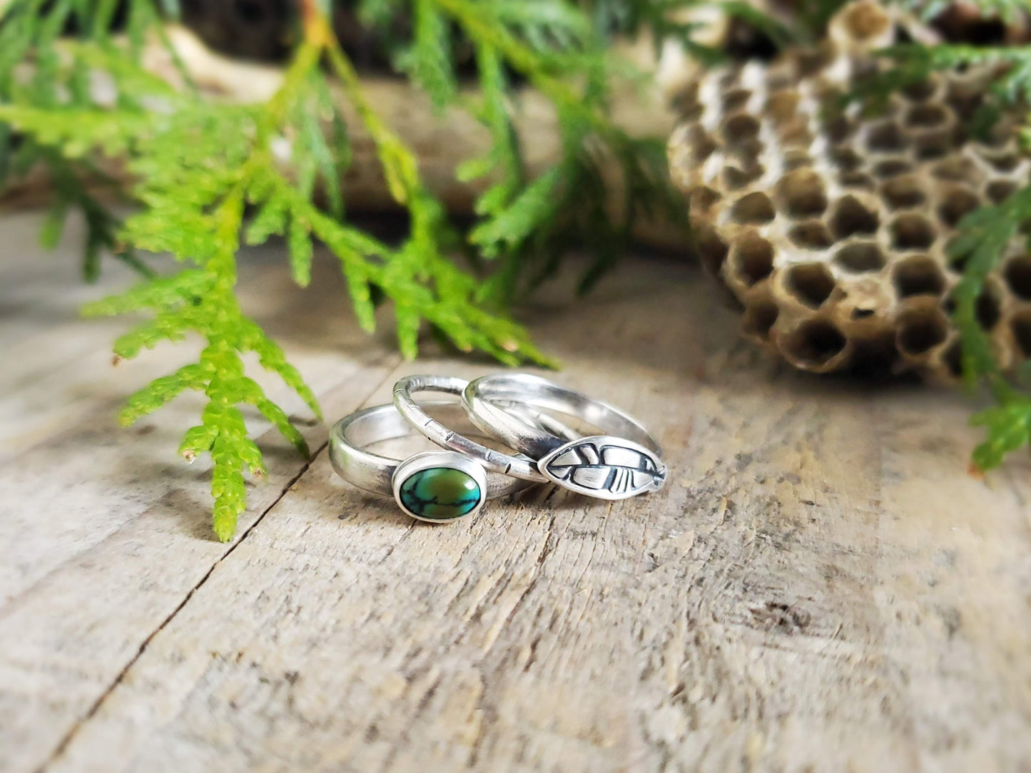 Turquoise and Feather Stacking Ring Set - Size 6
