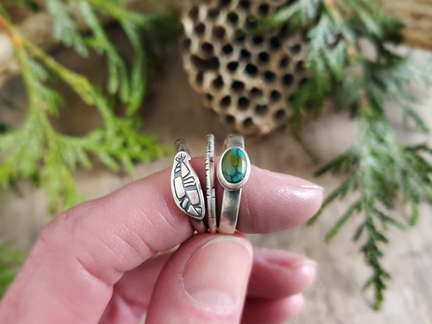 Turquoise and Feather Stacking Ring Set - Size 6