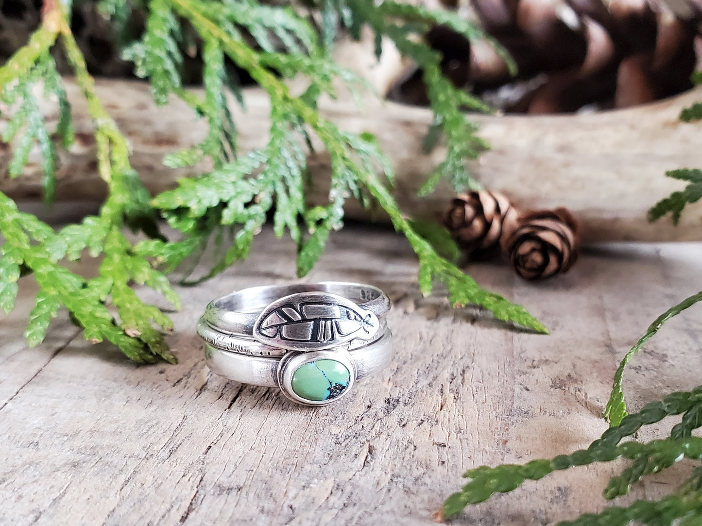 Turquoise and Feather Stacking Ring Set - Size 8