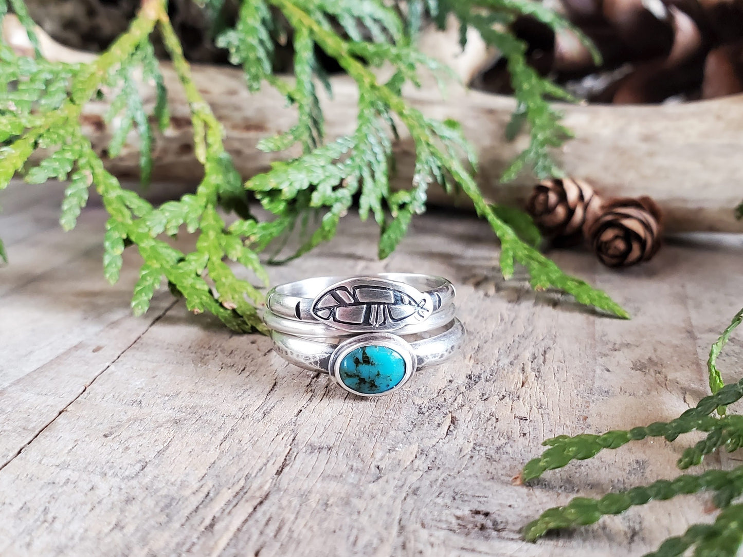 Turquoise and Feather Stacking Ring Set - Size 8.5