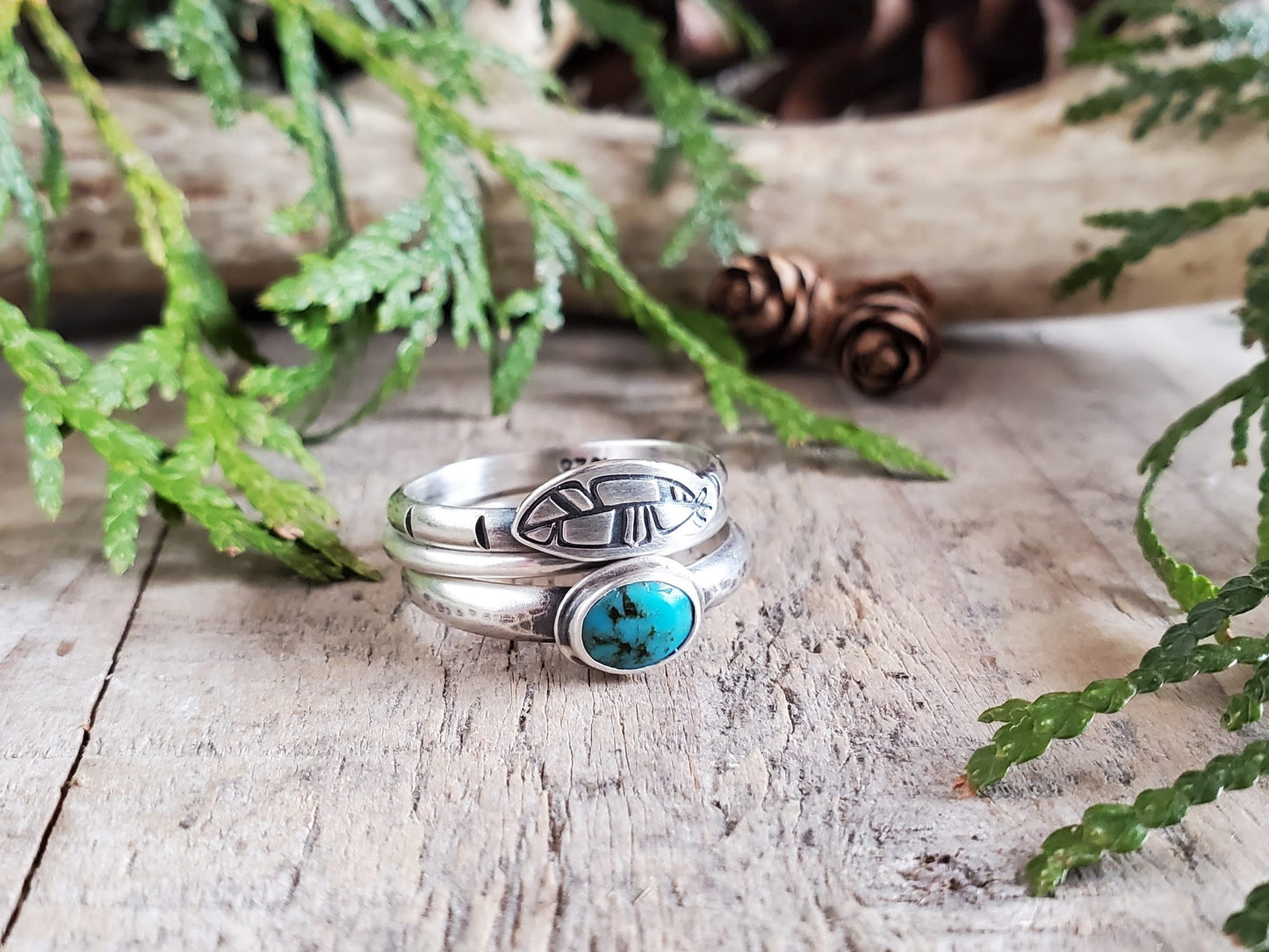 Turquoise and Feather Stacking Ring Set - Size 8.5