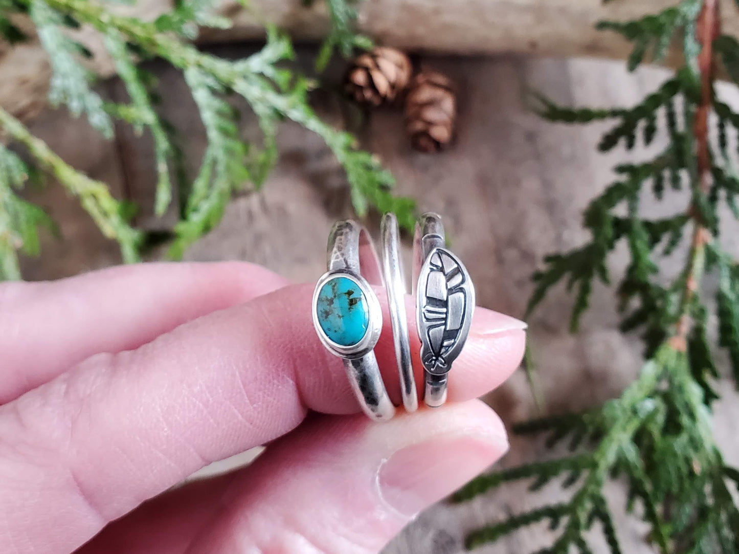 Turquoise and Feather Stacking Ring Set - Size 8.5