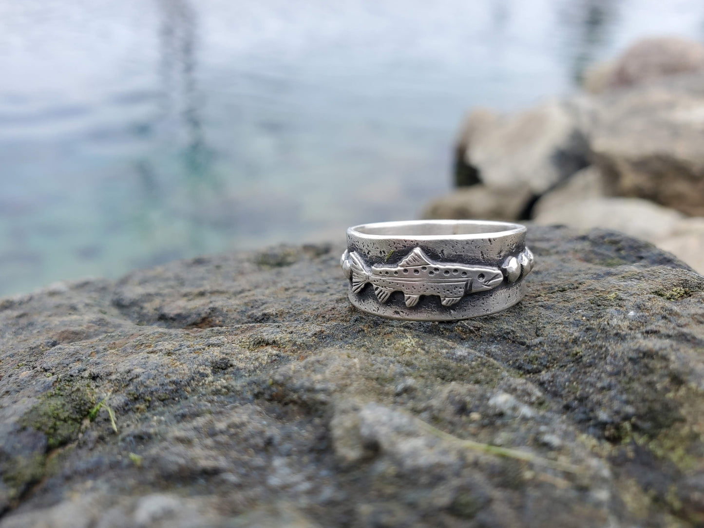 Trout and River Rock Ring - Size 7.25