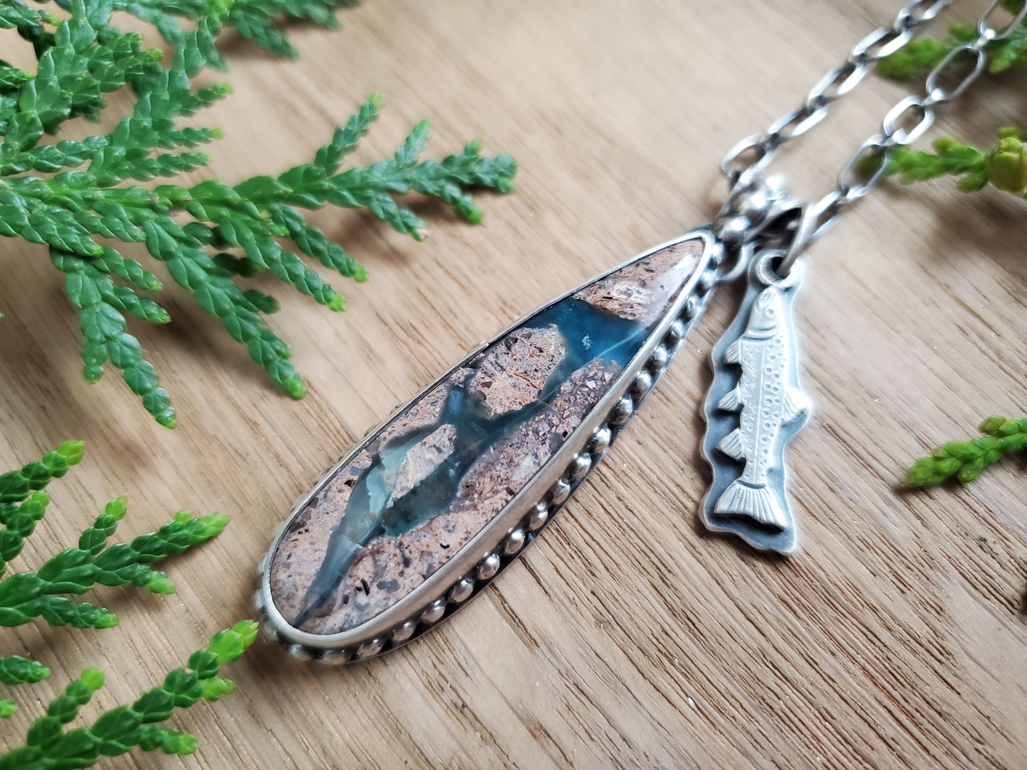 Needles Blue Agate and Trout Charm Necklace with River Rock Detailing