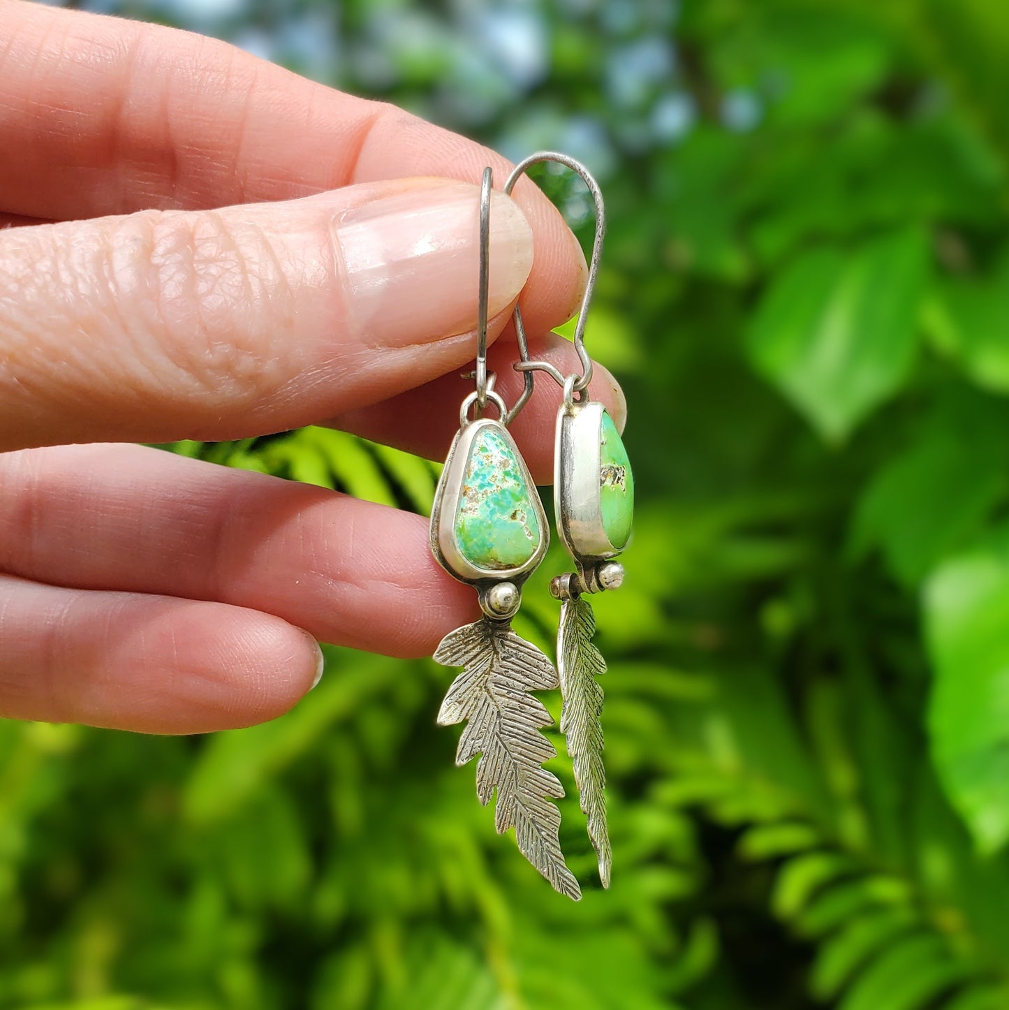 Sonoran Gold Turquoise Earrings with Pinned Fern Dangles