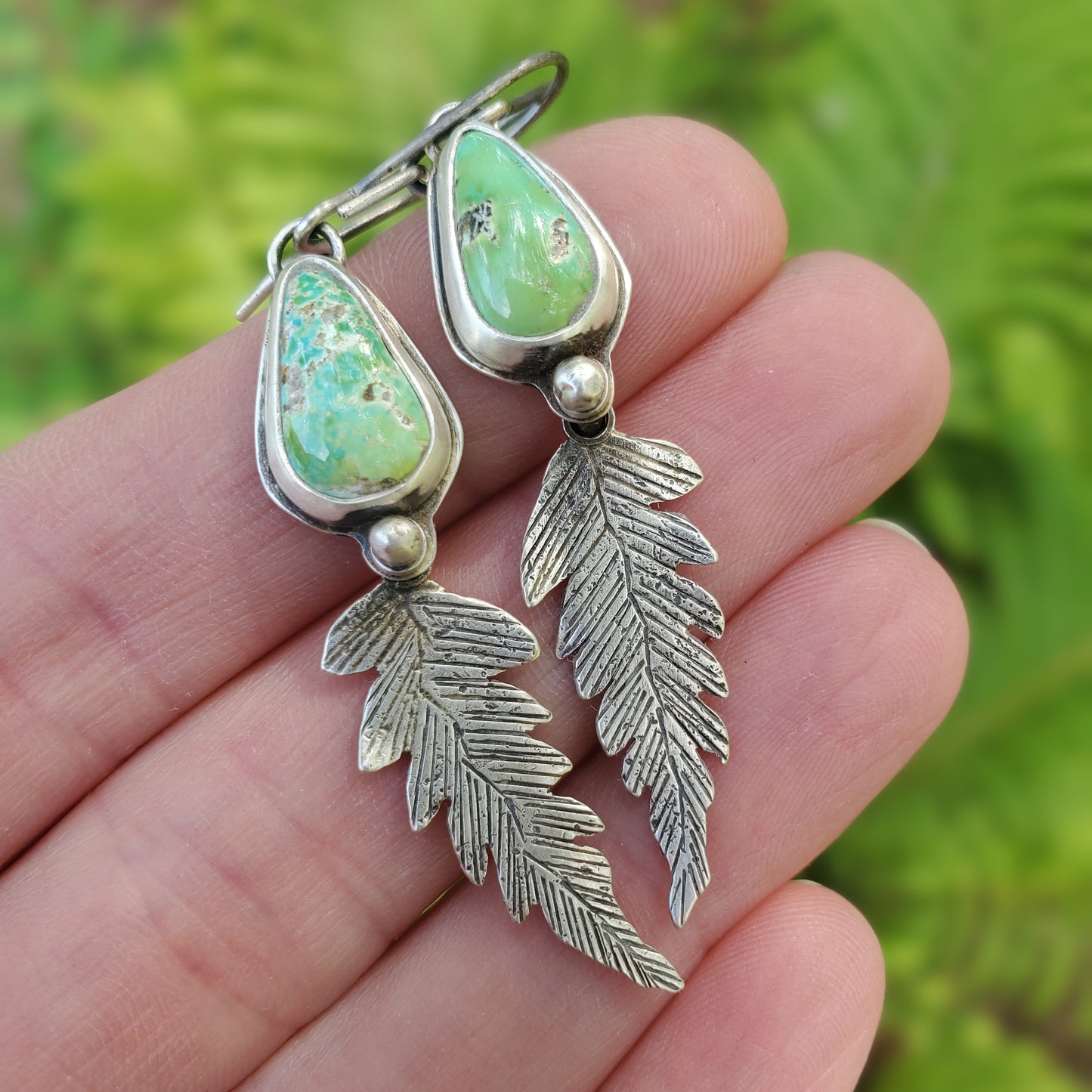 Sonoran Gold Turquoise Earrings with Pinned Fern Dangles