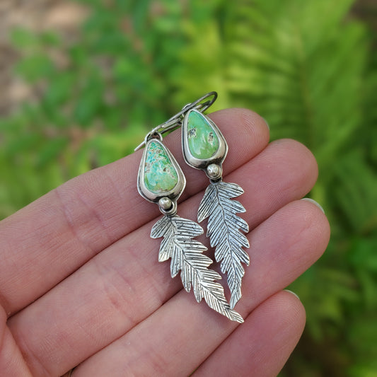 Sonoran Gold Turquoise Earrings with Pinned Fern Dangles