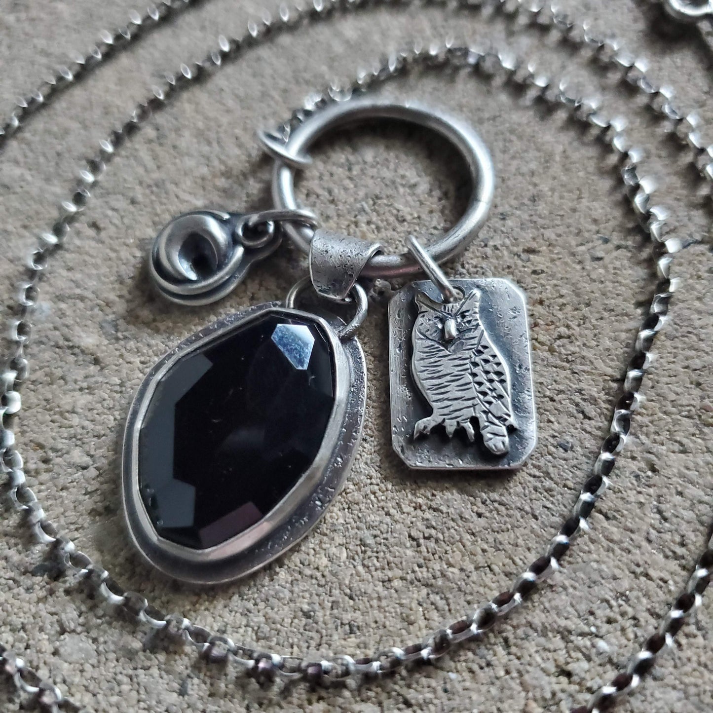 Night Flight Charm Necklace with Faceted Obsidian, Crescent Moon and Owl
