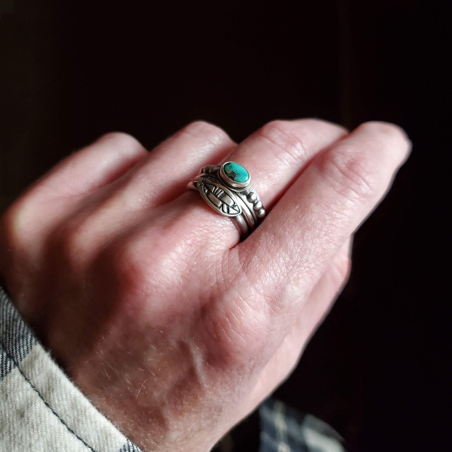 Turquoise and Feather Stacking Ring Set - Size 7