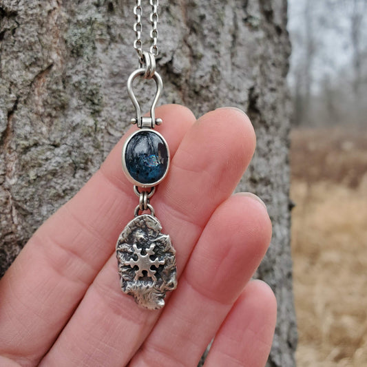 Moss Kyanite Necklace with Reticulated Silver and Snowflake