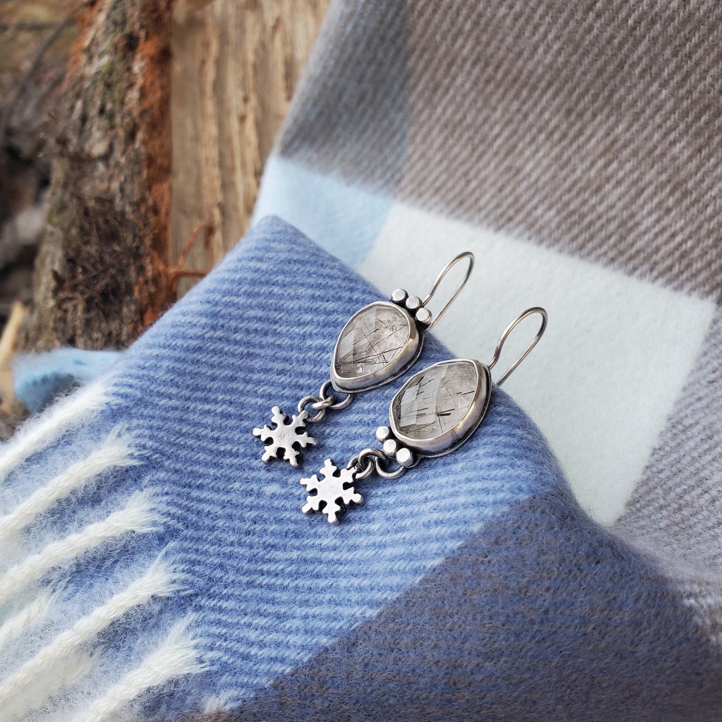 Tourmalated Quartz Earrings with Snowflake Dangles