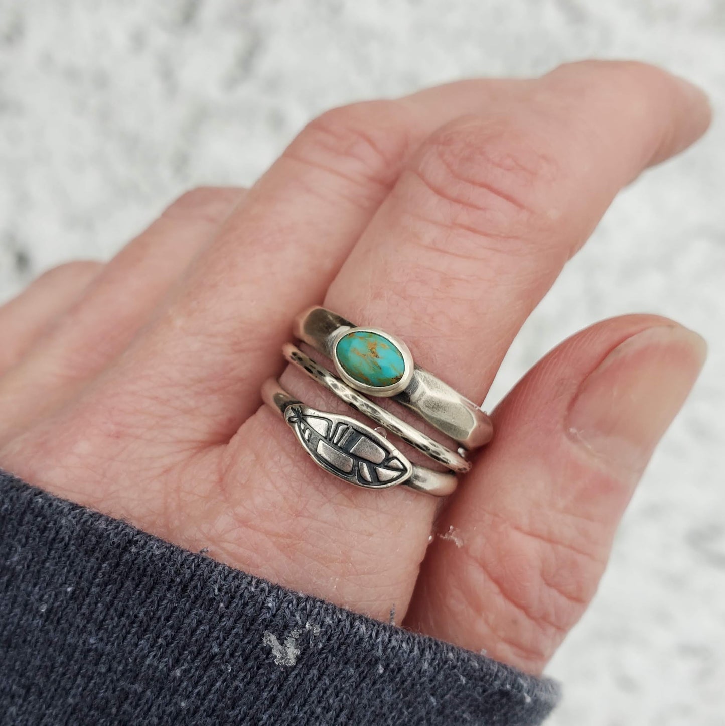 Turquoise and Feather Stacking Ring Set - Size 9