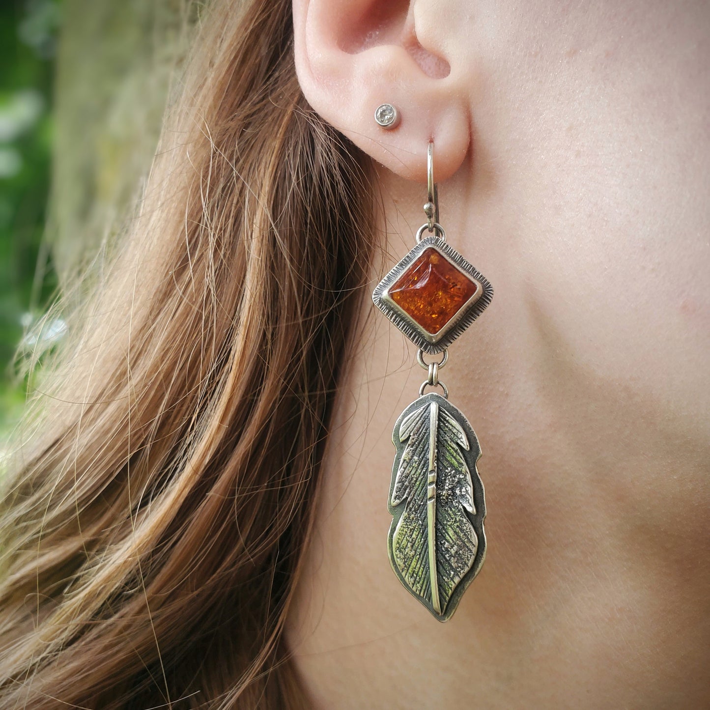 Glowing Amber Feather Earrings