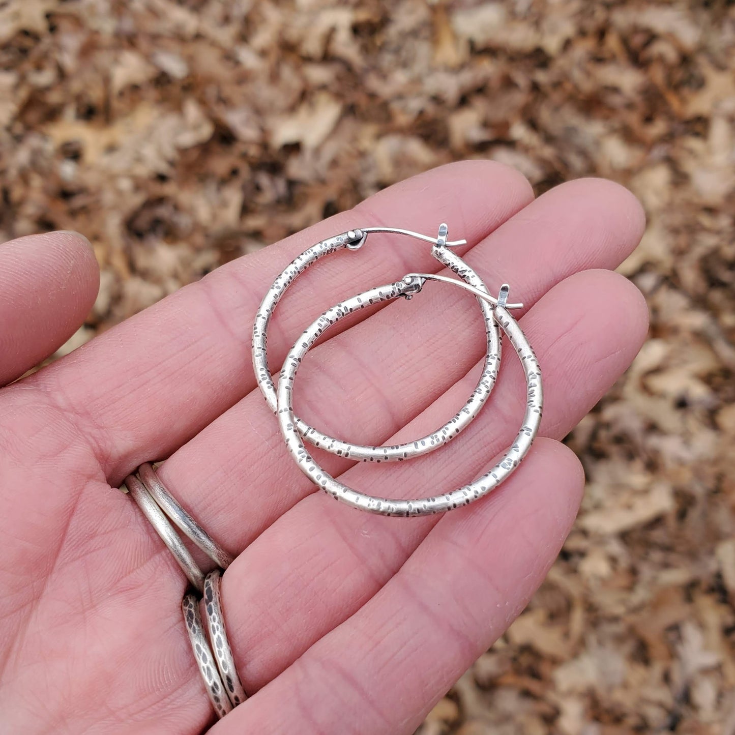 Silver Hoop Earrings - Textured