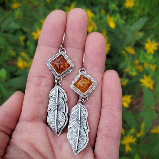 Glowing Amber Feather Earrings