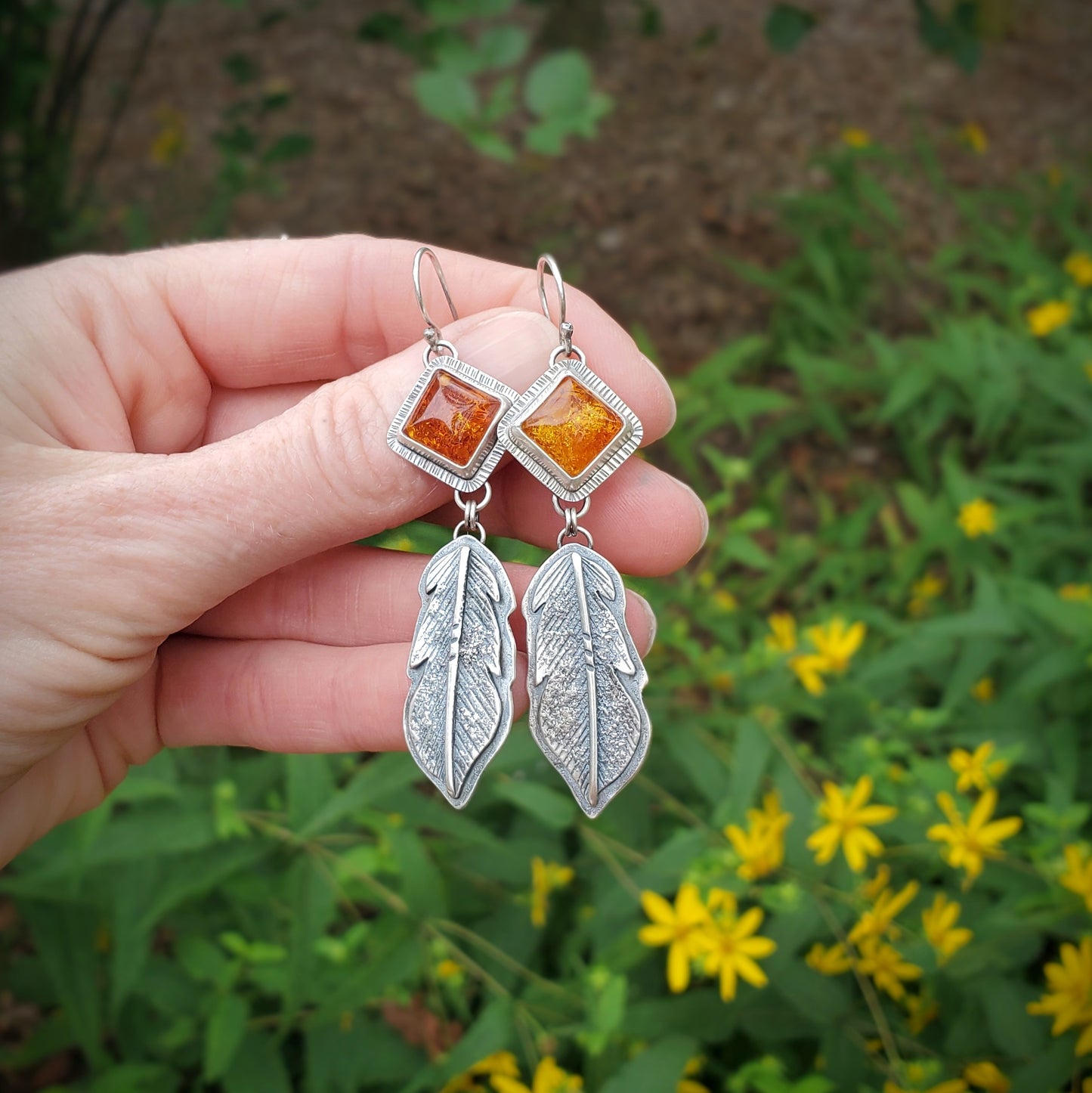 Glowing Amber Feather Earrings