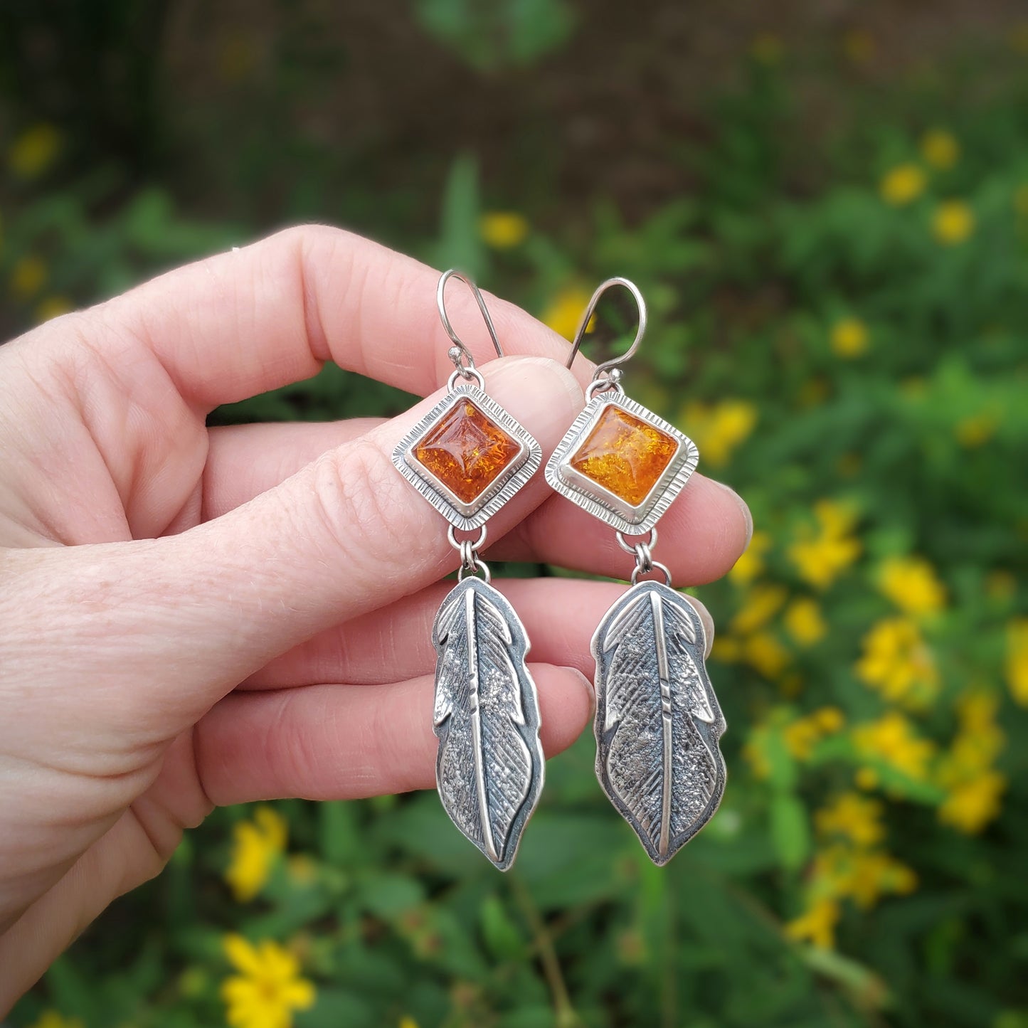 Glowing Amber Feather Earrings