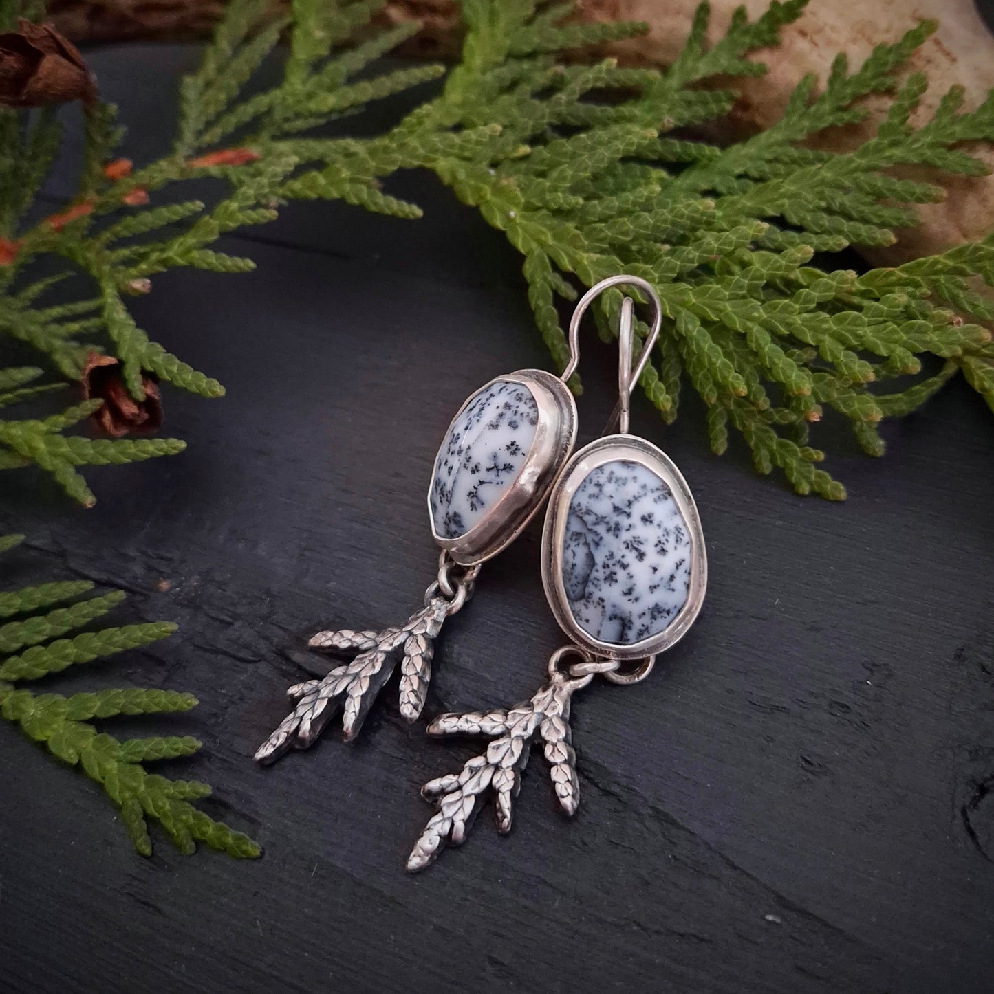 Dendritic Agate Earrings with Cedar Branch Dangles