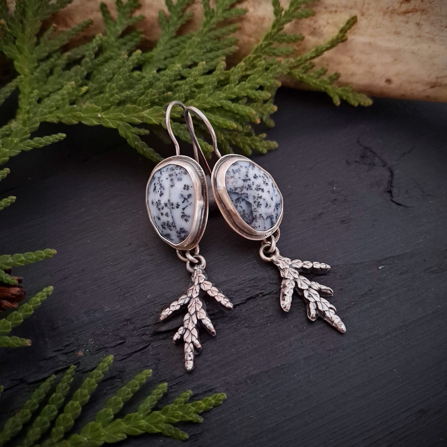 Dendritic Agate Earrings with Cedar Branch Dangles