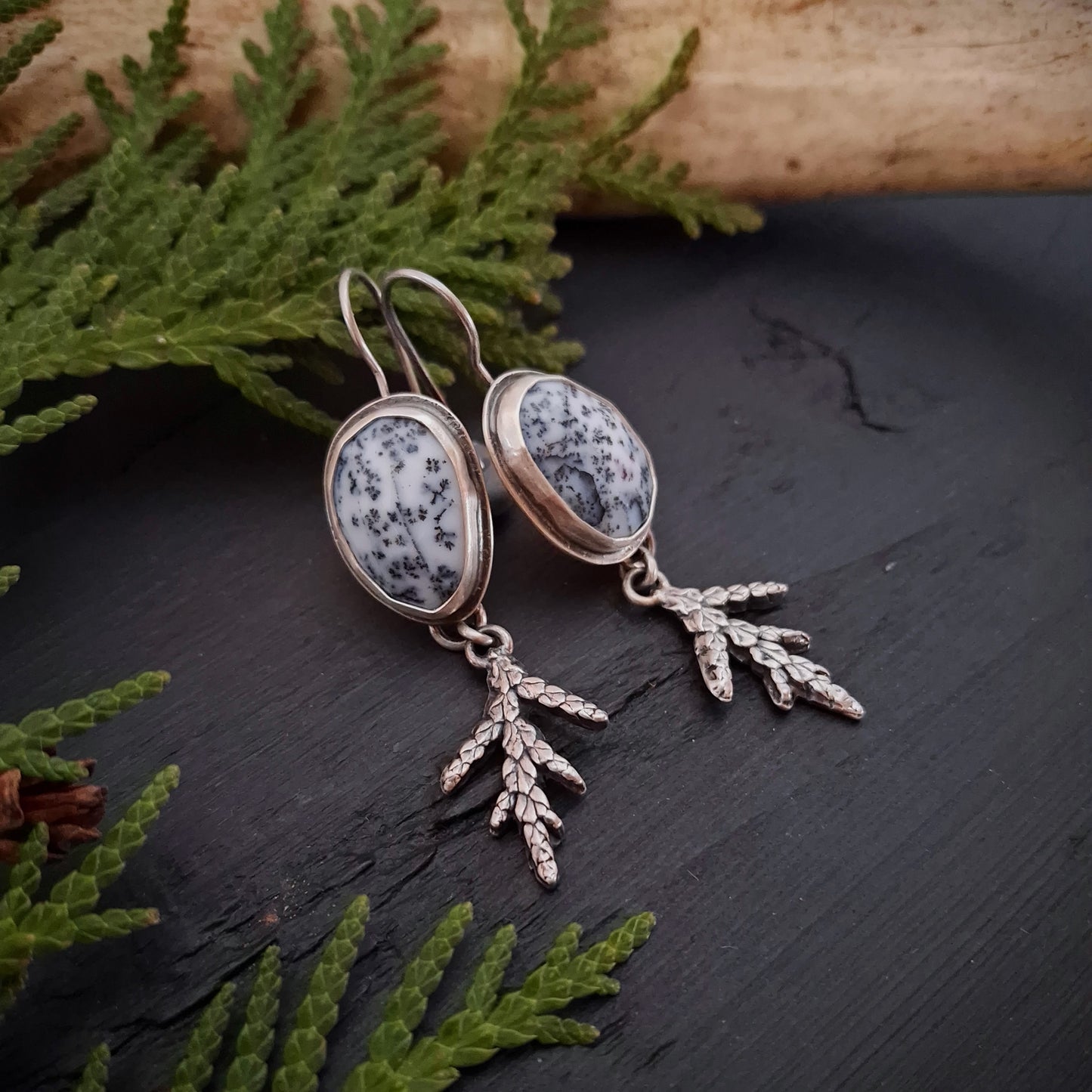 Dendritic Agate Earrings with Cedar Branch Dangles