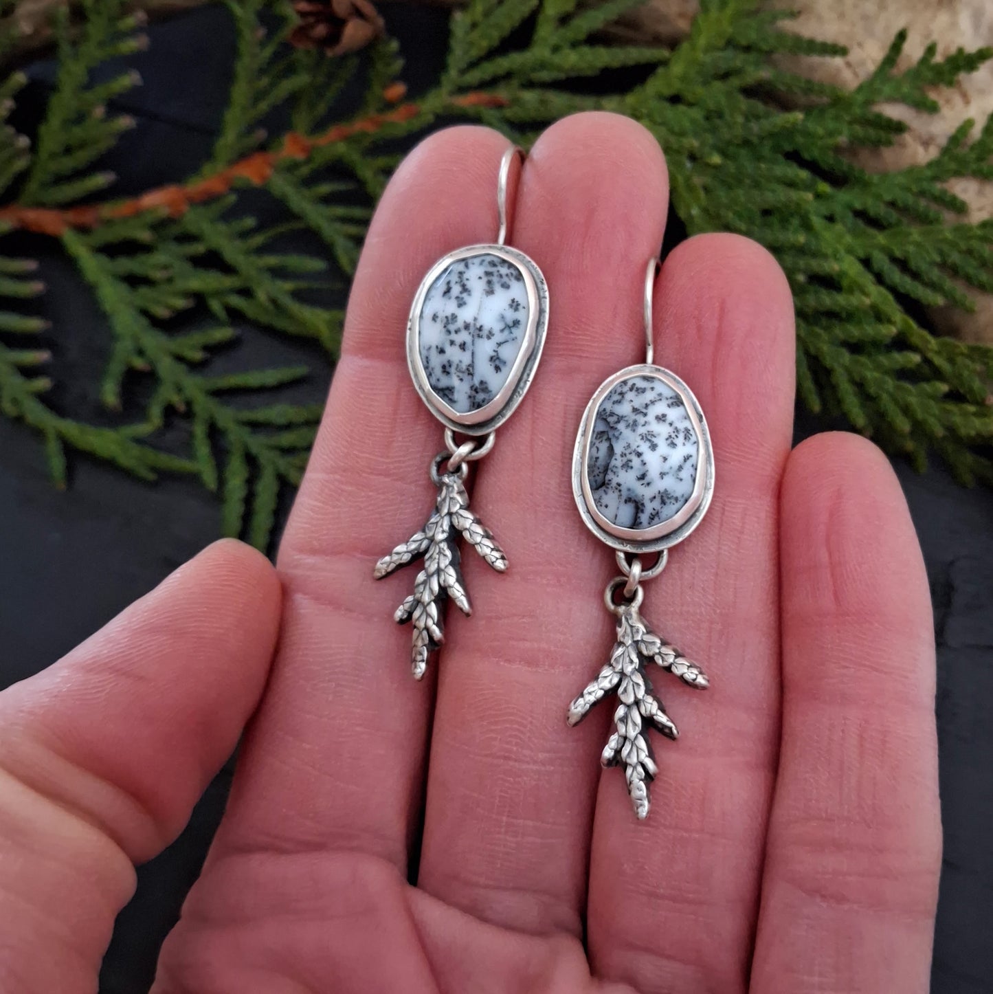 Dendritic Agate Earrings with Cedar Branch Dangles