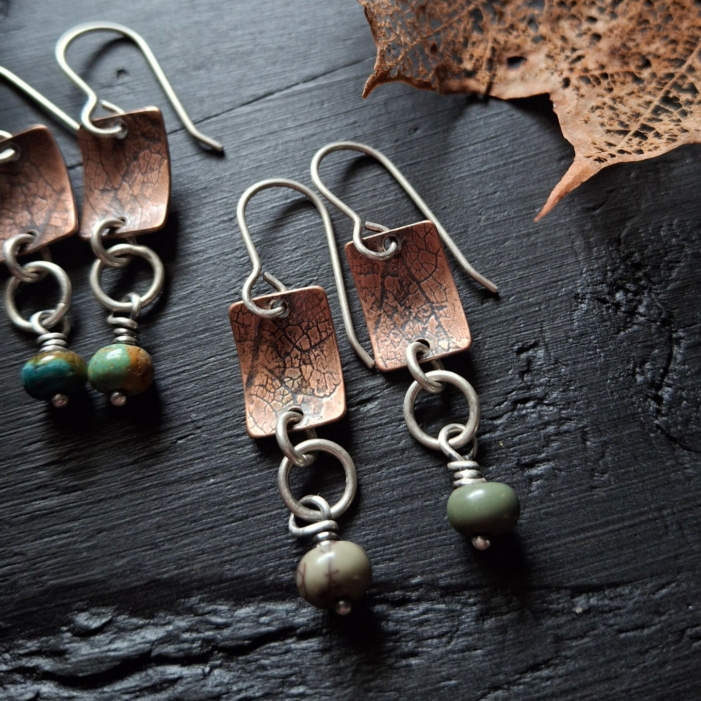 Copper and Silver Dangles - natural stone beads