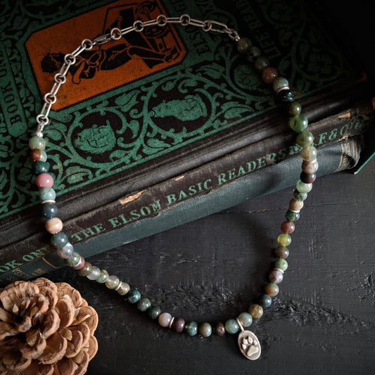 Indian Agate Beaded Necklace with Paw Print