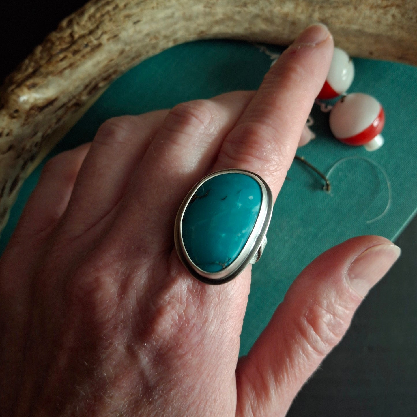 Tibetan Turquoise with Trout Ring - Size 8.5