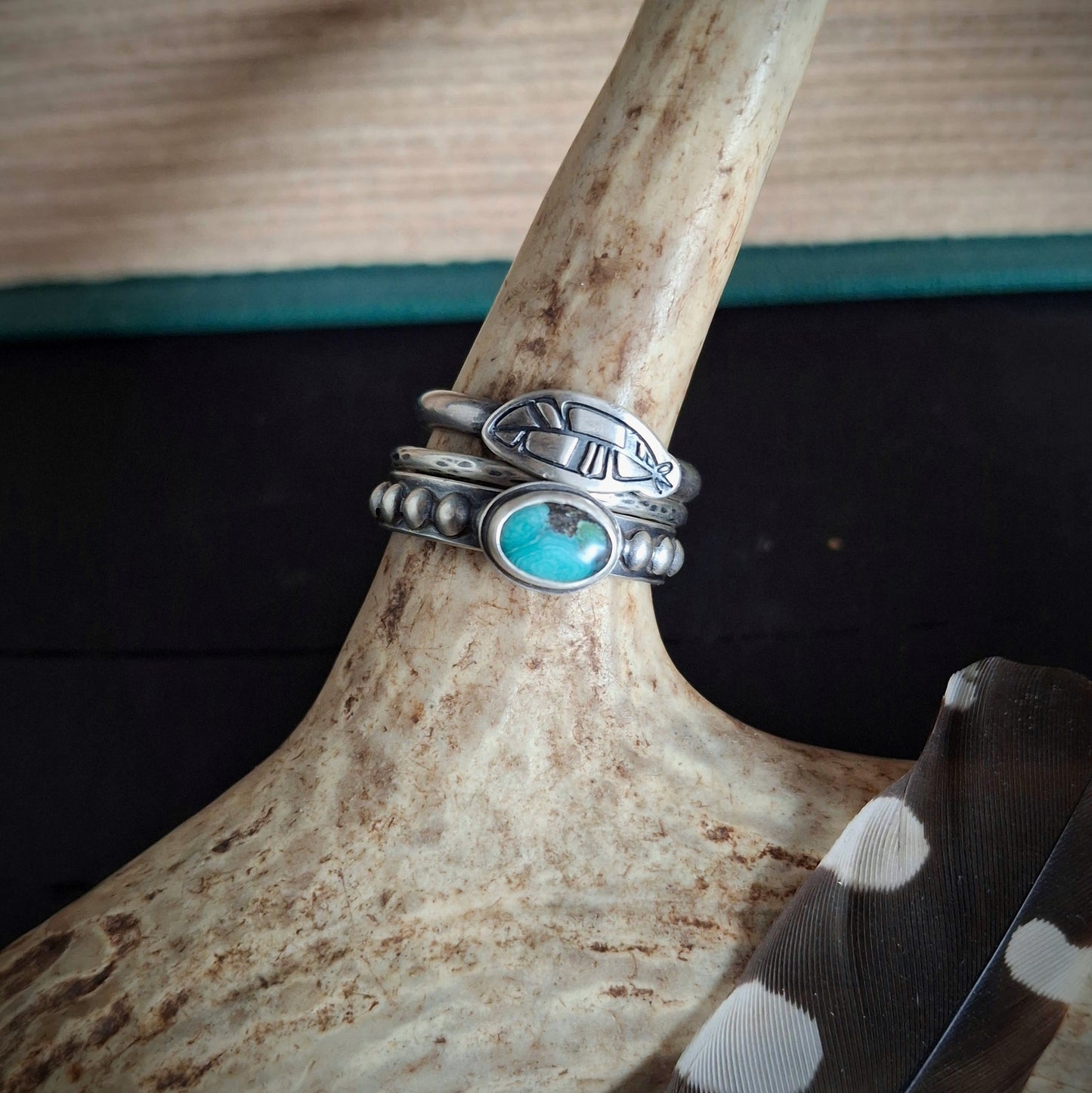 Turquoise and Feather Stacking Ring Set - Size 7
