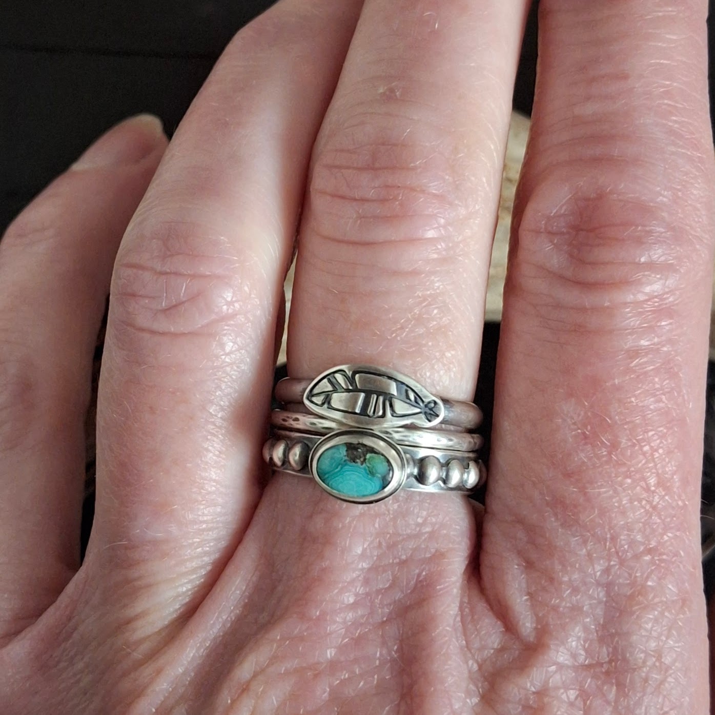Turquoise and Feather Stacking Ring Set - Size 7
