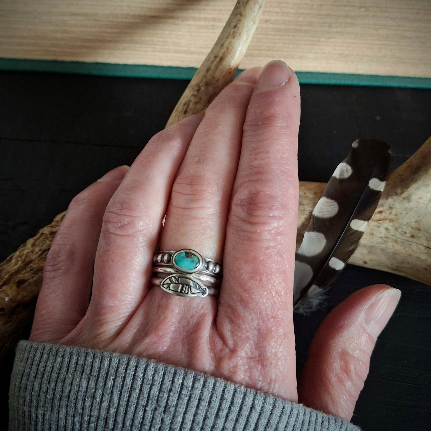 Turquoise and Feather Stacking Ring Set - Size 7