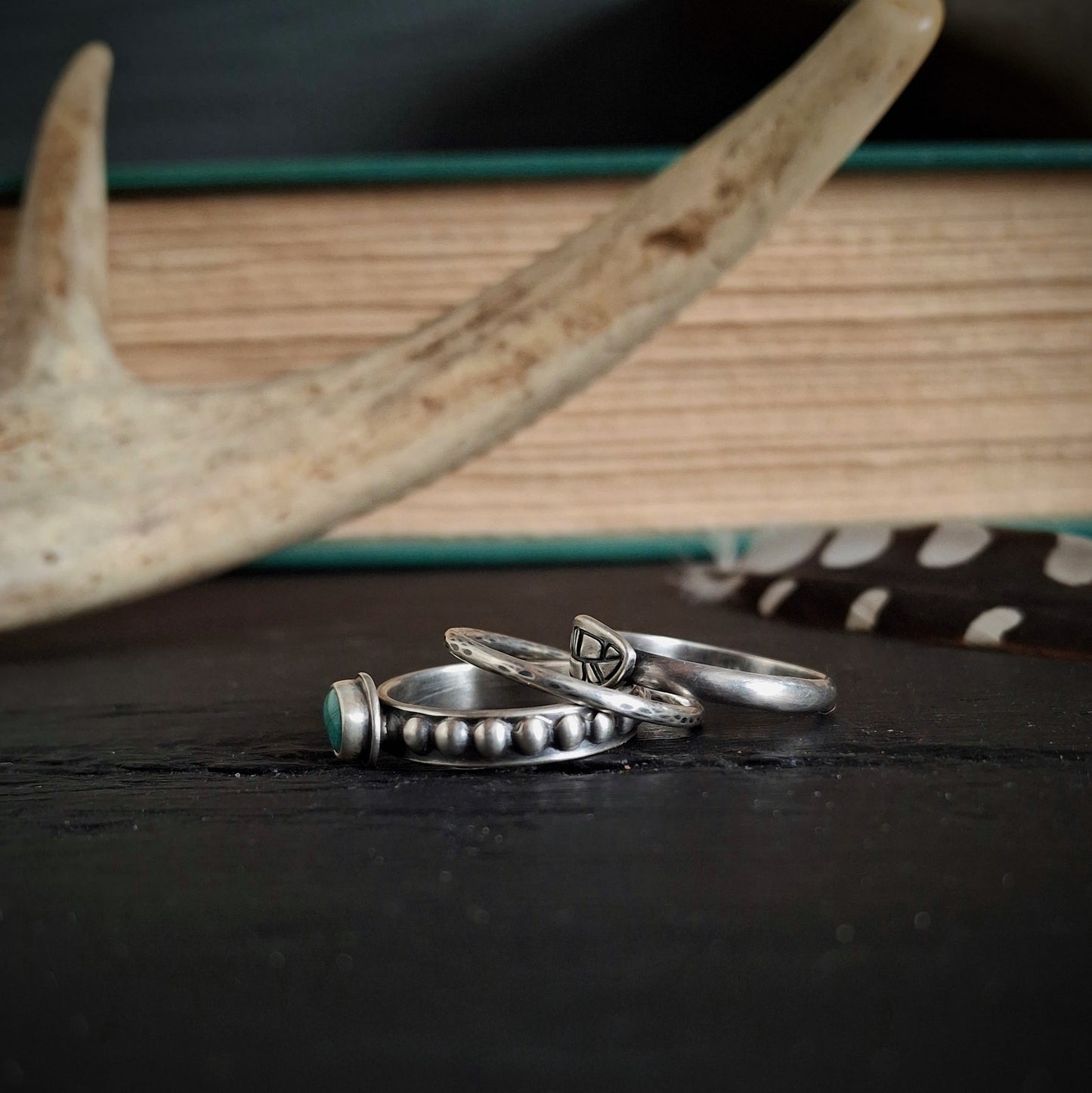 Turquoise and Feather Stacking Ring Set - Size 7