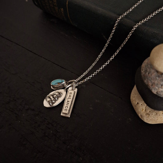 Rock Cairn Charm Necklace with Turquoise and Balance Tag